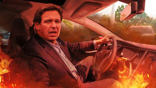 Image for article titled Ron DeSantis Relaunches Presidential Campaign From Inside Burning Tesla